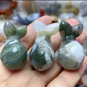 3 Piece Green and White Stone Whale Tail Figurines